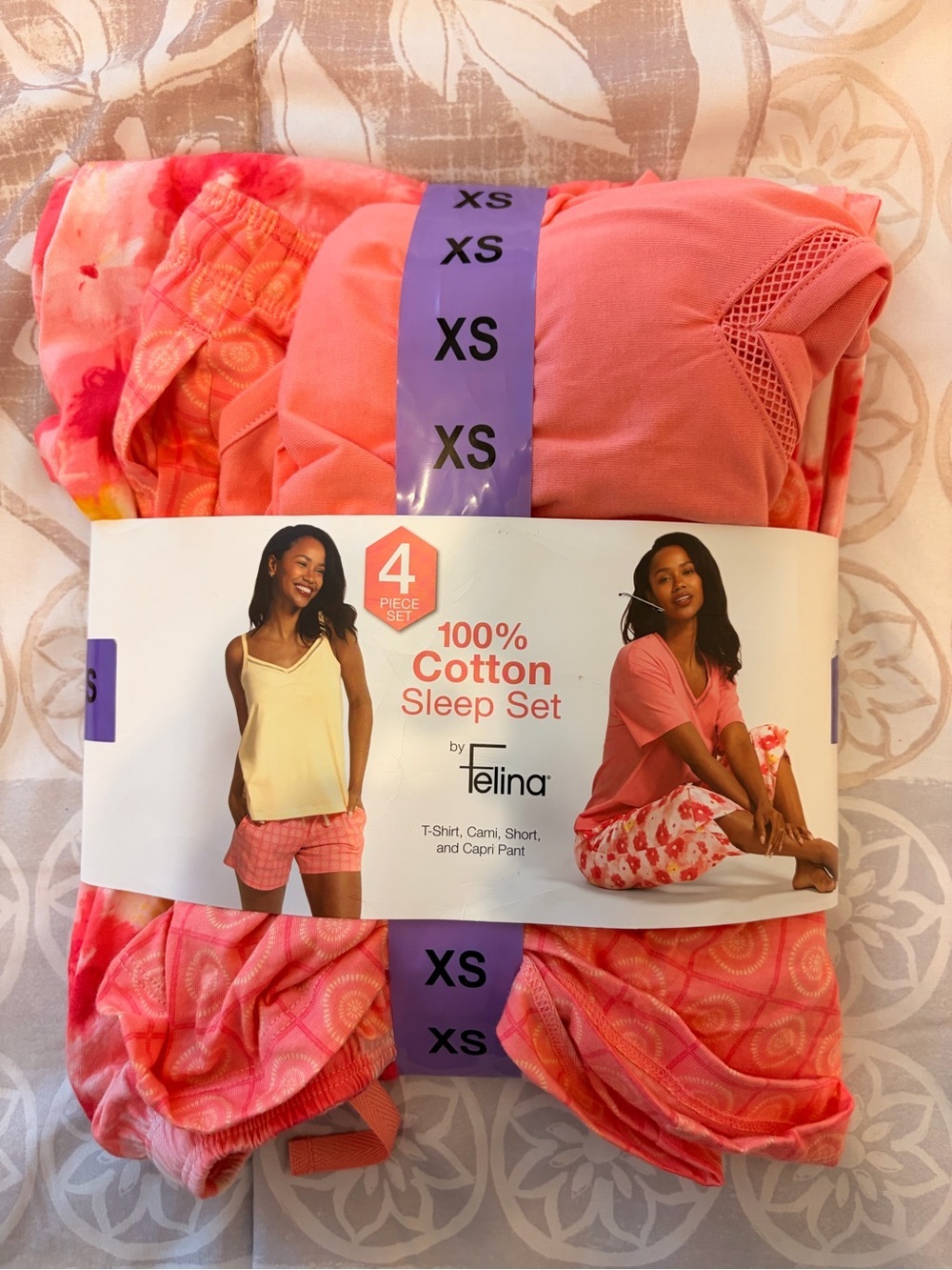 Felina Women’s 4-Piece Cotton Sleep Set - Coral Pink - XS